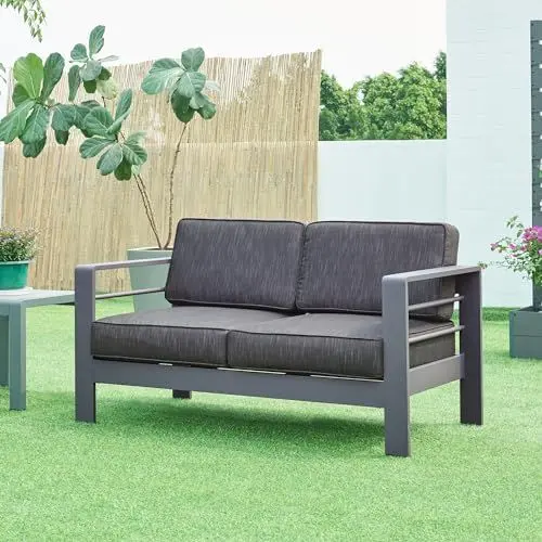 Produktbild: casa.pro Lounge Sofa Avise Outdoor-Sofa 2-Sitzer Gartensofa Aluminium mit Kissen Gartenbank wetterfest 144 x 70 x 62 cm Balkon Dunkelgrau
