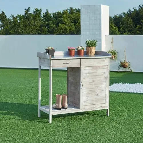 Produktbild: casa.pro Pflanztisch Aliano Gärtnertisch mit verzinkter Arbeitsplatte Gartenarbeitstisch mit Unterschrank Gartenregal Tannenholz Grau Outdoor Blumentisch 98 x 48 x 94 cm Holztisch