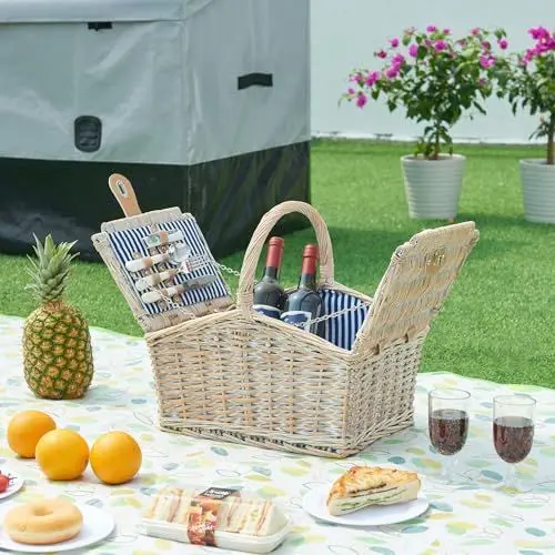 Produktbild: casa.pro Picknickkorb Lumparland Komplettset für 2 Personen mit Deckel Weidenkorb Picknickset aus Geschirr Gläser Besteck Picknickkoffer 40 x 28 x 37 cm Weiß/Blau