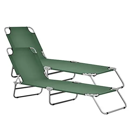 Produktbild: casa.pro Sonnenliege Carcao 2er Set Relaxliege klappbar Strandliege bis 110 kg Dunkelgrün 186 x 55 x 24 cm Gartenliege mit Rückenlehne verstellbar Stahlgestell