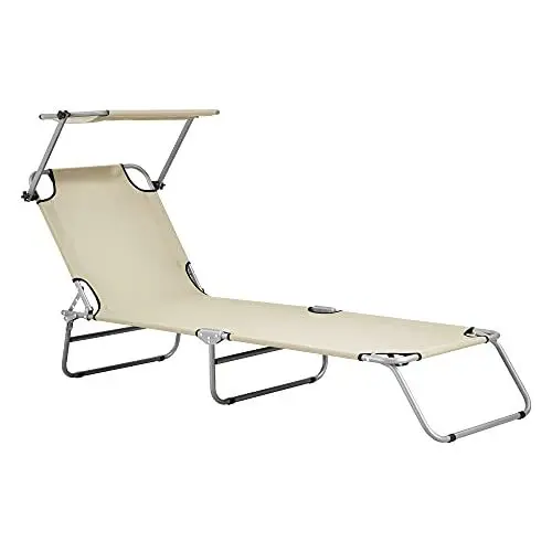 Produktbild: casa.pro Sonnenliege mit Dach Argozelo Liegestuhl klappbar Strandliege bis 110 kg Beige Gartenliege mit Rückenlehne verstellbar 186 x 55 x 24 cm Stahlgestell