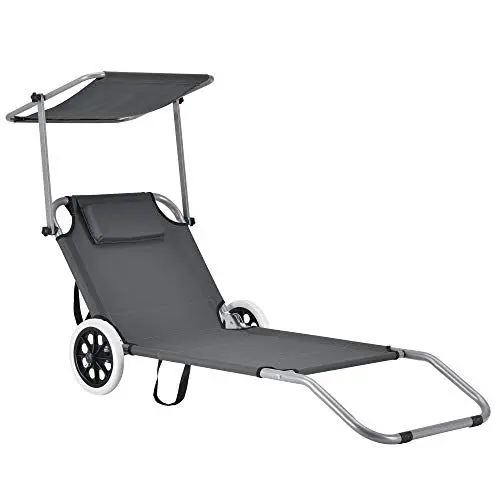 Produktbild: casa.pro Sonnenliege Falun Liegestuhl klappbar Relaxliege Strandliege bis 110 kg 146 x 62 x 60 cm Gartenliege mit Sonnenschutz Rückenlehne verstellbar 2 Räder Stahlgestell Anthrazitgrau