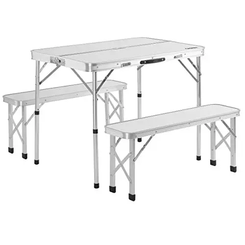 Produktbild: Casaria® Klapptisch Wetterfest Höhenverstellbar Campingtisch mit Bänken Gartentisch Falttisch 120x60cm Klappbar leicht transportabel 4 Personen Weiß