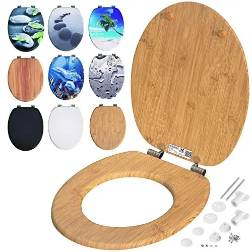 Produktbild: CASARIA® Toilettendeckel mit doppelter Absenkautomatik MDF rostfreie Metall Scharniere WC Sitz 175kg Belastbar Antibakteriell Toilettensitz Bambus