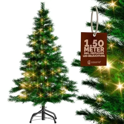Produktbild: CASARIA® Weihnachtsbaum künstlich 150 cm Lichterkette 100 LED Tannenbaum mit Beleuchtung wie echt Stecksystem dichte Spitzen stabil schwer entflammbar
