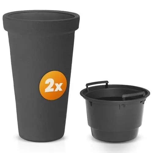 Produktbild: Casaria® 2X Blumentopf 42L 63x40cm XXL Pflanzkübel Hoch Rund Kunststoff Winterfest Grau Garten Terrasse Übertopf Pflanzkasten Blumenkübel Anthrazit