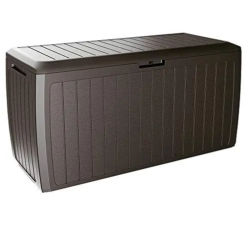 Produktbild: Casaria® Gartenbox 290L UV-beständig Haltegriffe Rollen Verschlussvorrichtung Balkon Wohnzimmer Wintergarten Kissenbox 117x47cm Lamellen-Optik Braun
