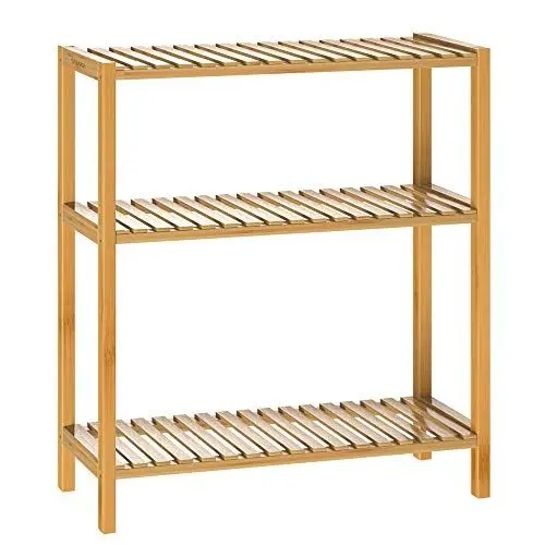 Produktbild: Casaria® Badezimmer Regal Stehend Bambus Holz 3 Ablagen 30kg Belastbarkeit Badregal Schmal Küche Flur Büro Beistellregal Holzregal Klarlack 58x26cm