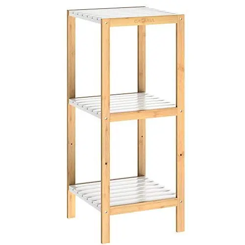 Produktbild: Casaria® Badezimmer Regal Bambus Holz 3 Ablagen Belastbarkeit 30kg Küche Wohnzimmer Bad Diele Bücherregal Holzregal Badregal 80x33cm Schmal Braun-Weiß