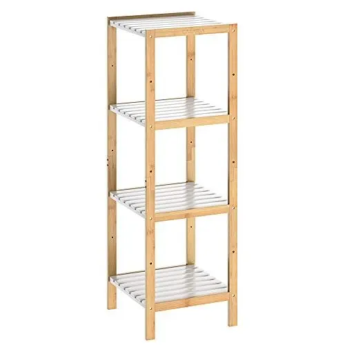 Produktbild: Casaria® Badezimmer Regal Bambus Holz 4 Ablagen Belastbarkeit 40kg Küche Wohnzimmer Bad Diele Standregal Holzregal Badregal 110x33cm Schmal Braun-Weiß