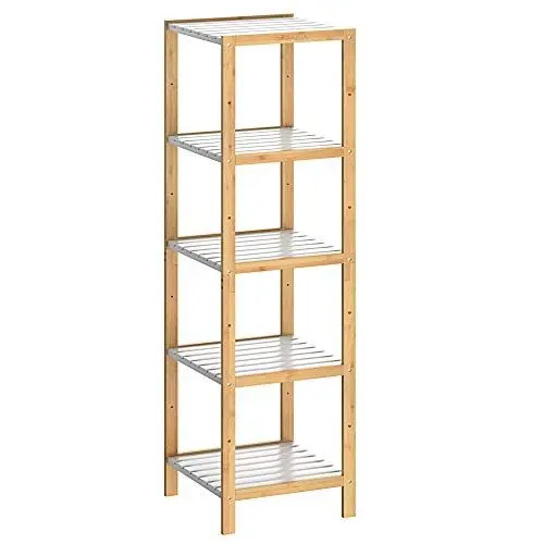 Produktbild: Casaria® Badezimmer Regal Bambus Holz 5 Ablagen Belastbarkeit 50kg Küche Wohnzimmer Bad Diele Standregal Holzregal Badregal 140x33cm Schmal Braun-Weiß