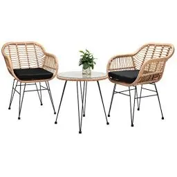 Produktbild: Casaria® Balkonset 3 teilig 5cm Auflagen Wetterfest 5mm Sicherheitsglasplatte Höhenverstellbar Rattan Look Outdoor Terrasse Balkon Gartenmöbel Korbsessel