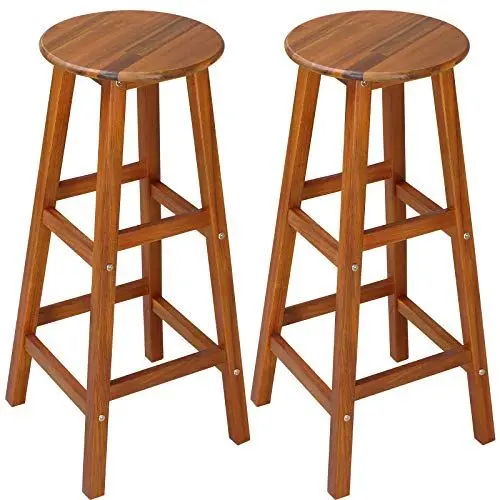 Produktbild: Casaria® Barhocker 2er Set Holz Akazie Outdoor 75cm Sitzhöhe Fußstütze 150kg Belastbarkeit Massiv Rund Rustikal Garten Küche Bar Stuhl Hocker Braun