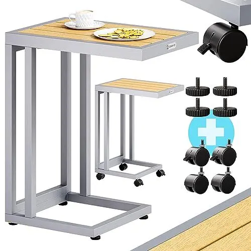 Produktbild: Casaria® Beistelltisch C-Form 50x40x66 cm Metall WPC Tischplatte 40kg Belastbarkeit Rollen Wetterfest Outdoor Gartentisch Balkontisch Tisch Creme Weiß