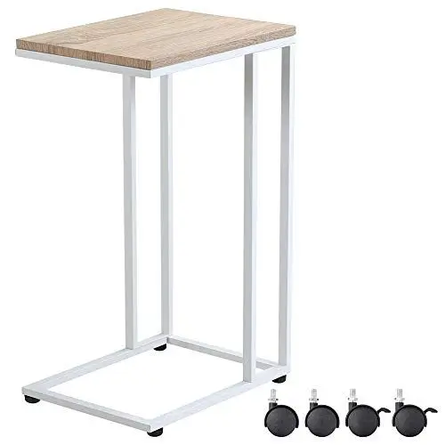 Produktbild: Casaria® Beistelltisch Holz Couch Weiß 40kg Belastbarkeit 70cm Hoch 50x35cm Tisch Klein mit Rollen Laptop Kaffeetisch C Form Wohnzimmer Nachttisch Gestell aus Metall