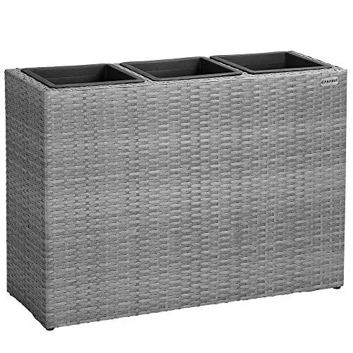 Produktbild: Casaria® Blumenkasten 3 Innentöpfe Polyrattan Herausnehmbar Wasserablauf Outdoor Rechteckig Pflanzkasten Blumentopf Hochbeet Pflanzkübel Grau