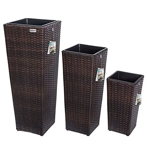 Produktbild: Casaria® Blumentopf 3er Set Polyrattangeflecht Übertopf Wasserabfluss Rattanoptik Outdoor Pflanzkübel Blumenkasten Braun