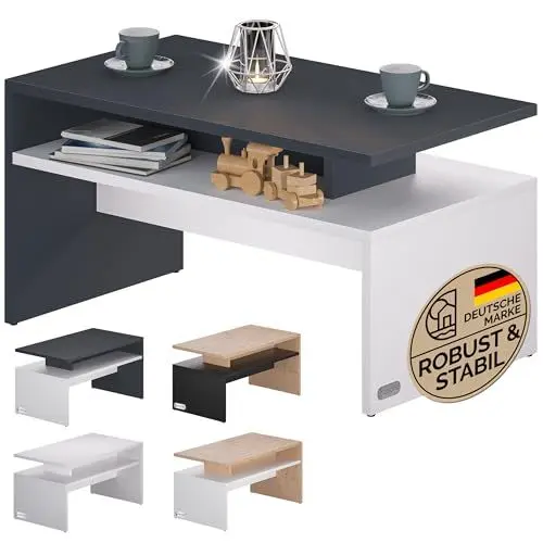 Produktbild: Casaria® Couchtisch Holz Weiß Grau mit Stauraum 95x55x50cm Kratzfest 50kg Belastbar Wohnzimmertisch Modern Beistelltisch Konsolentisch für Couch Sofa