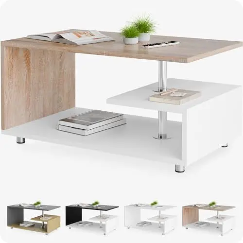 Produktbild: Casaria® Couchtisch Weiß Eiche Holz mit Stauraum 95x55cm Edelstahl Füße Höhenverstellbar Ablage Modern Rechteckig Beistelltisch Wohnzimmer Tisch Couch