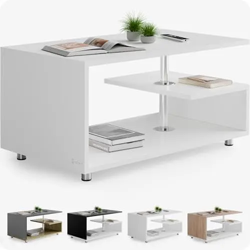 Produktbild: Casaria® Couchtisch Weiß Holz mit Stauraum 95x55cm Edelstahl Füße Höhenverstellbar Ablage Modern Rechteckig Beistelltisch Wohnzimmer Couch Sofa Tisch