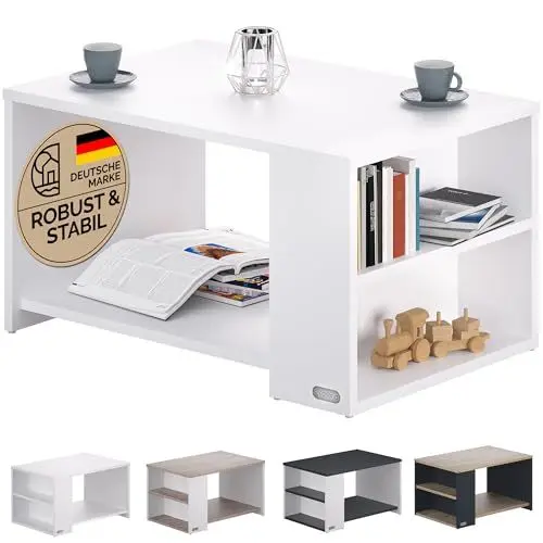 Produktbild: Casaria® Couchtisch Weiß Holz mit Stauraum Regal 2 Fächer 90x60x50cm Kratzfest 50kg Belastbar Eckig Ablage Beistelltisch Wohnzimmer Sofa Couch Tisch