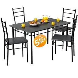 Produktbild: Casaria® Esstisch mit 4 Stühlen Holz 5-TLG Set Metall 110x70cm Industrial Modern Esszimmer Küche Stühle Tisch Möbel Essgruppe Sitzgruppe Leo Anthrazit