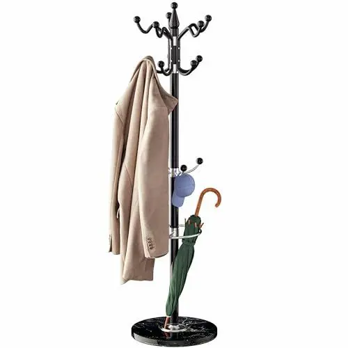 Produktbild: Casaria® Garderobenständer Marmorsockel Metall 14 Haken 360° Drehbar Stabil 37x37x175cm Flur Büro Kleiderständer Kleiderstange Jackenständer Schwarz
