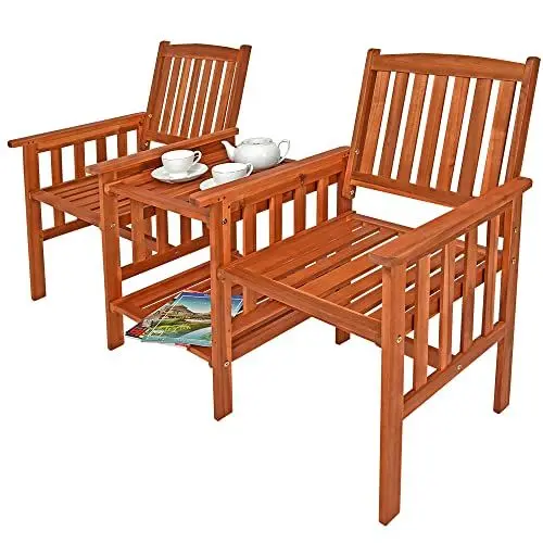 Produktbild: Casaria® Gartenbank Wetterfest Holz mit Tisch 2 Sitzer Holzbank 320kg Belastbar Akazie Outdoor Balkon Bank Massiv 164x63cm Sitzbank Garten Armlehnen Natur