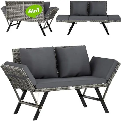 Produktbild: Casaria® Gartenbank Polyrattan mit Liegefunktion Wetterfest Auflage Kissen Verstellbare Armlehnen 3-Sitzer Outdoor Garten Terrasse Balkon Sofa Couch Liege