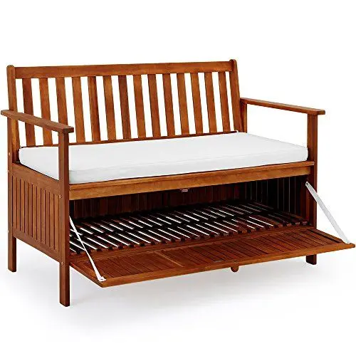 Produktbild: Casaria® Gartenbank Wetterfest Holz 320kg Belastbarkeit Staufach Sitzauflage Garten Balkon Sitzbank Parkbank 120x62cm Akazie
