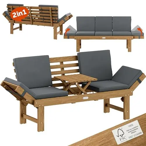 Produktbild: Casaria® Gartenbank Wetterfest Holz mit Tisch 200x50cm Klappbar 320kg Belastbar FSC®-Zertifiziert 3-Sitzer Garten Balkon Holzbank Akazie 3 Personen