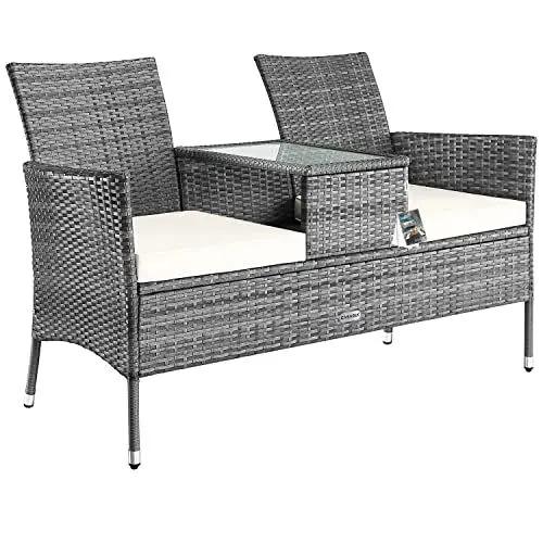 Produktbild: Casaria® Gartenbank Sitzbank inkl. Auflagen Wetterfest Polyrattan 320kg Belastbar Tisch Ablage UV-beständig Garten Balkon Bank 2-Sitzer 143x55cm Grau