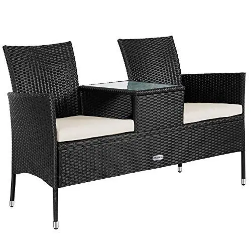 Produktbild: Casaria® Gartenbank Sitzbank inkl. Auflagen Wetterfest Polyrattan 320kg Belastbar Tisch Ablage UV-beständig Garten Balkon Bank 2-Sitzer 143x55cm Schwarz