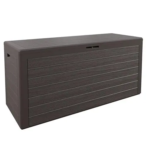Produktbild: Casaria® Gartenbox 280L UV-beständig Griffmulden Verschlussvorrichtung Balkon Terrasse Wohnzimmer Wintergarten Box Kissenbox 116x43cm Holz-Optik Braun