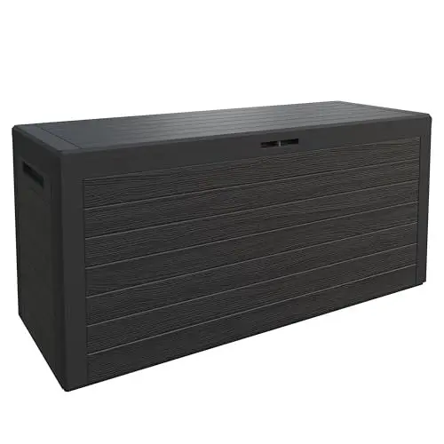 Produktbild: Casaria® Gartenbox 280L UV-beständig Griffmulden Verschlussvorrichtung Balkon Terrasse Wohnzimmer Wintergarten Kissenbox 116x43cm Holz-Optik Anthrazit