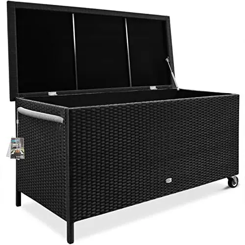 Produktbild: Casaria® Gartenbox Auflagenbox Polyrattan UV-beständig Wetterfest 400L Rollen Griff Gasdruckfeder Ablaufkante Garten Balkon Terrasse Aufbewahrungsbox Kissenbox 122x55cm Box Schwarz