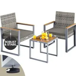 Produktbild: Casaria® Gartenmöbel Polyrattan Set Holz Akazie Wetterfest 2 Stühle Tisch Auflagen 160kg Belastbarkeit Verstellbar Terrasse Balkon Möbel Lounge Grau