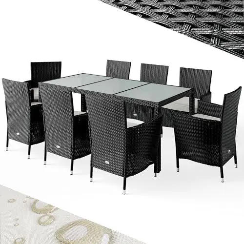 Produktbild: Casaria® Gartenmöbel Set 17-TLG. mit Tisch 190x90cm 8er Stühle 160kg belastbar Auflagen Wetterfest Stapelbar Polyrattan Schwarz Balkon Terrassen Möbel