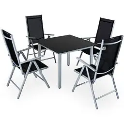 Produktbild: Casaria® Gartenmöbel Set 4 Stühle mit Tisch 90x90cm Aluminium Sicherheitsglas Wetterfest Klappbar Modern Terrasse Balkon Möbel Sitzgruppe Garnitur Bern