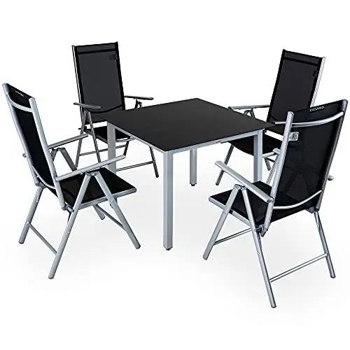 Produktbild: Casaria® Gartenmöbel Set 4 Stühle mit Tisch 90x90cm Aluminium Sicherheitsglas Wetterfest Klappbar Modern Terrasse Balkon Möbel Sitzgruppe Garnitur Bern