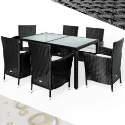 Produktbild: Casaria® Gartenmöbel Set 6 Personen Stühle inkl. 7cm Polster Tisch 150x90cm Balkonmöbel 160kg Belastbar Wetterfest Polyrattan Stapelbar Terrasse Möbel Schwarz