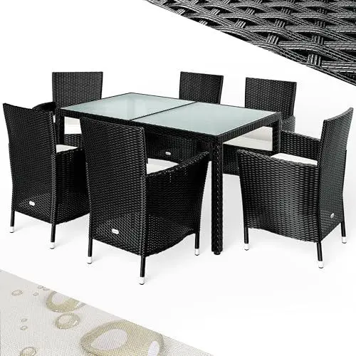 Produktbild: Casaria® Gartenmöbel Set 6 Personen Stühle inkl. 7cm Polster Tisch 150x90cm Balkonmöbel 160kg Belastbar Wetterfest Polyrattan Stapelbar Terrasse Möbel Schwarz