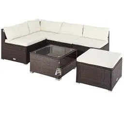 Produktbild: Casaria® Gartenmöbel Lounge Set Wetterfest 5 Personen Polyrattan Sicherheitsglas Tisch Outdoor Sitzkissen Terrassenmöbel Eck Sofa Braun Creme