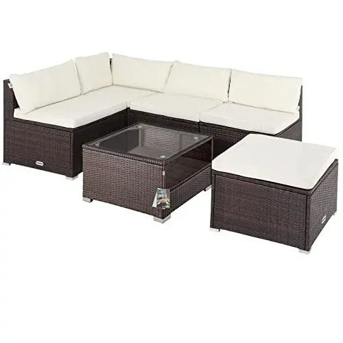 Produktbild: Casaria® Gartenmöbel Lounge Set Wetterfest 5 Personen Polyrattan Sicherheitsglas Tisch Outdoor Sitzkissen Terrassenmöbel Eck Sofa Braun Creme
