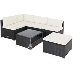 Produktbild: Casaria® Gartenmöbel Lounge Set Wetterfest 5 Personen Polyrattan Sicherheitsglas Tisch Outdoor Sitzkissen Terrassenmöbel Eck Sofa Schwarz Creme