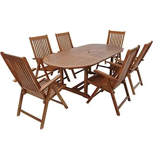 Produktbild: Casaria® Gartenstuhl Tisch Set Holz 6 Personen Wetterfest FSC®-Zertifiziert Schirmständer Armlehnen Klappstühle Garten Terrasse 7-TLG. Eukalyptus