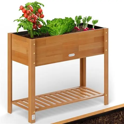 Produktbild: Casaria® Hochbeet 100x40x84cm FSC®-Zertifiziert Akazie 2stufig witterungsbeständig Massiv Holz Ablageboden Folie Kräuterbeet Pflanzkasten Beet Braun