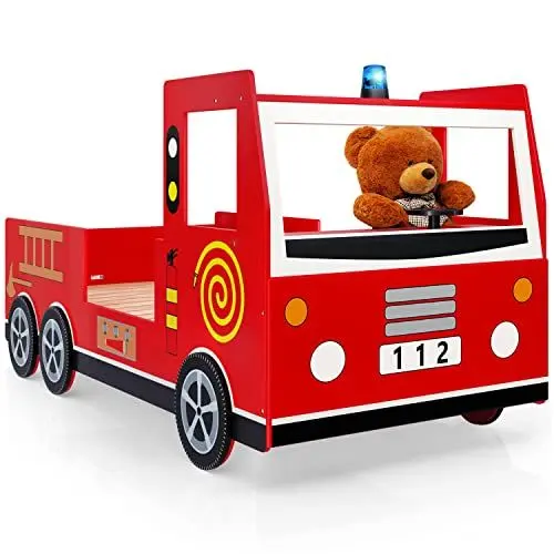 Produktbild: CASARIA® Kinderbett 90x200cm mit Rausfallschutz Lattenrost 120kg belastbar 3D Leuchte Sirene Lenkrad Feuerwehr Bett Jugendbett Juniorbett Autobett Rot