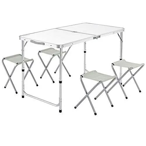 Produktbild: CASARIA® Klapptisch Wetterfest Höhenverstellbar Campingtisch mit Stühlen Gartentisch Falttisch 120x60cm Klappbar leicht transportabel 4 Personen Weiß