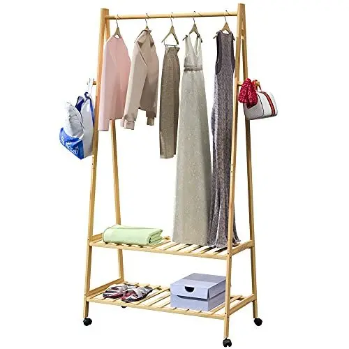 Produktbild: Casaria® Kleiderständer auf Rollen Holz Stabil Bambus Kleiderstange Schmal mit 4 Haken 2 Ablagen Offen Garderobenständer 155x70cm Flur Jackenständer